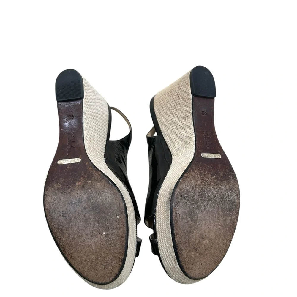 Cole Haan Black Patent Leather Wedge Slingbacks with Natural Woven Heel size 9